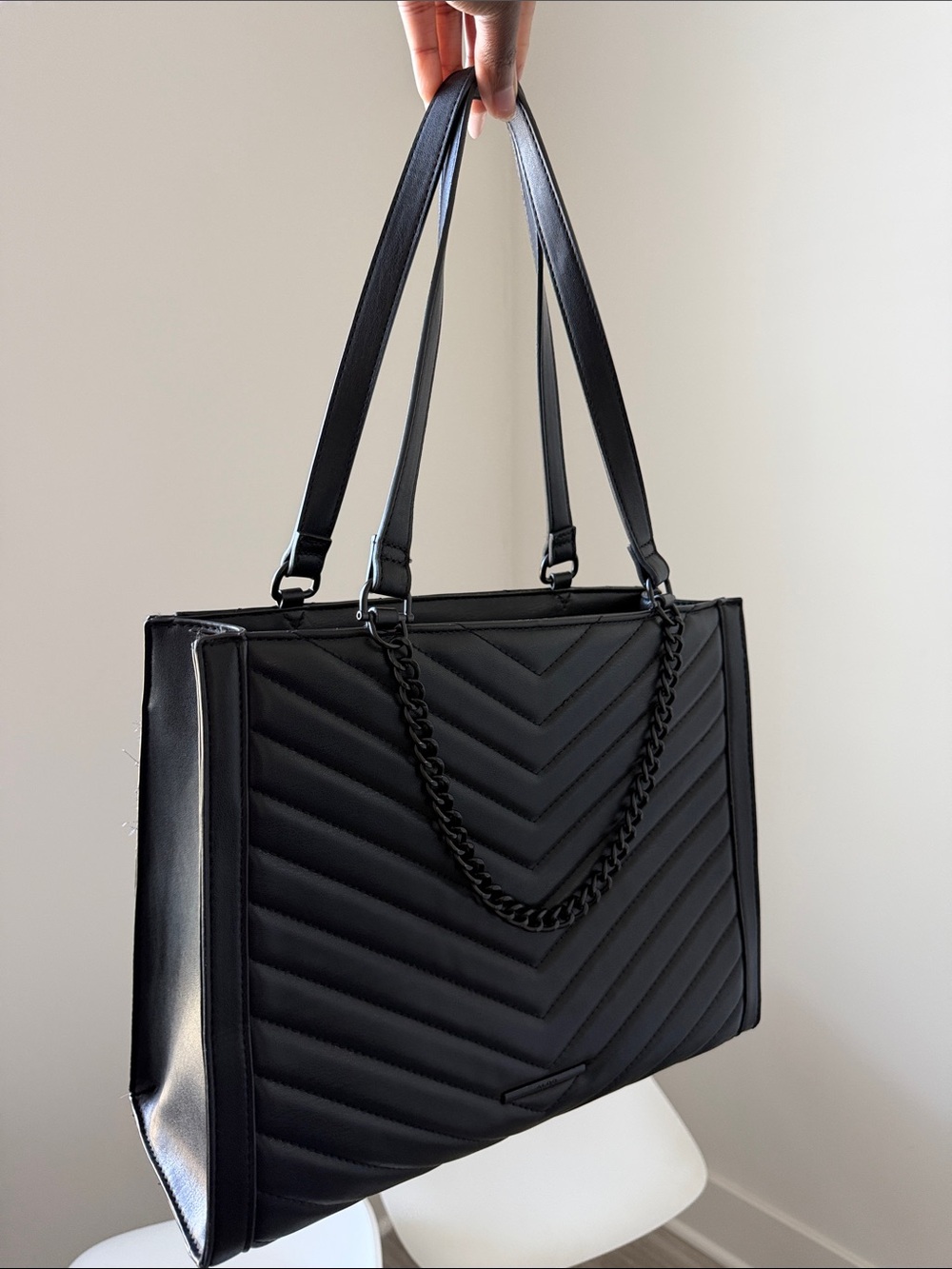 Aldo Black Quilted Tote with Chain Accent